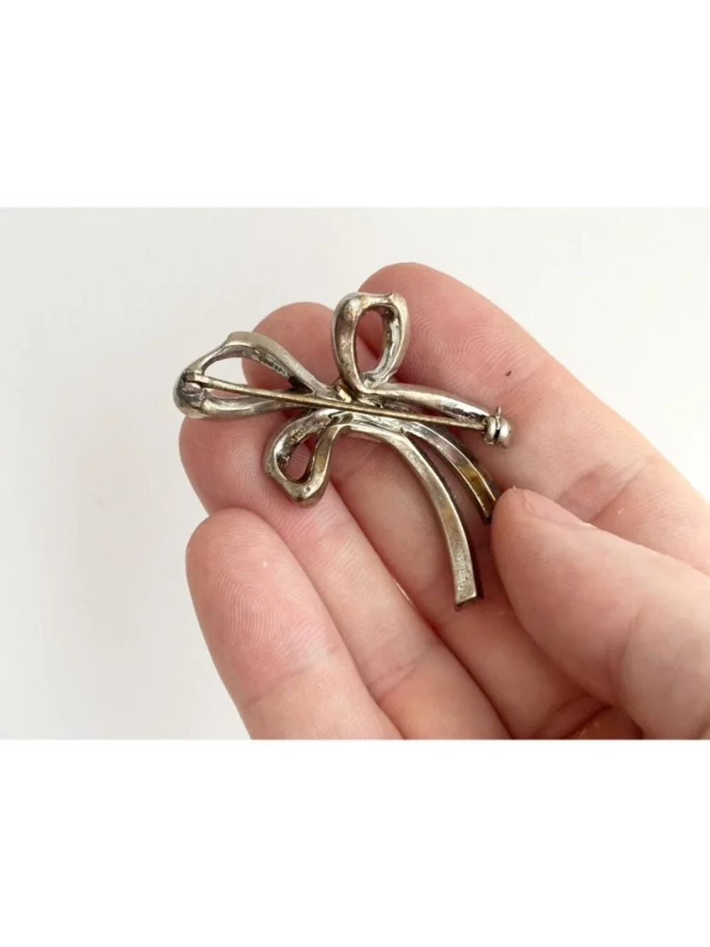 Ribboned Bow Rhinestone Accented Sterling Silver 925 Vintage Brooch | Lapel Pin